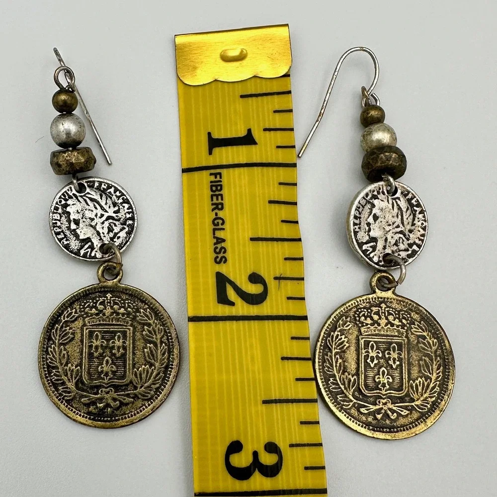 Vintage Style French Coin Drop Earrings Mixed Metal Boho Dangle Republique Franc - Picture 5 of 5